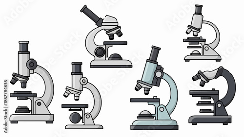 A collection of six cartoon-style microscopes with distinct designs and varying colors on a white background