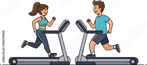 A man and woman happily running on treadmills in a gym