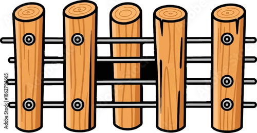 A cartoon-style image featuring five light brown wooden fence posts connected by metal bars