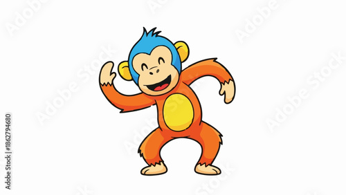 A cheerful, cartoon monkey with blue head and orange body dances joyfully
