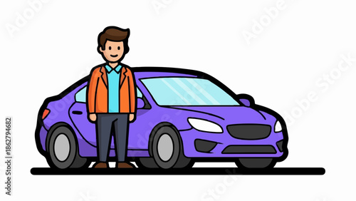A man in an orange jacket stands by a purple car