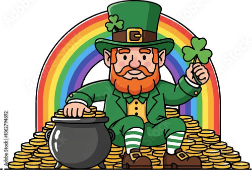 A cheerful cartoon leprechaun with a beard, sitting on gold coins under a colorful rainbow