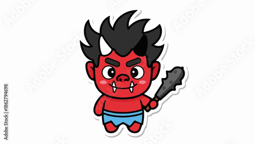 A cartoon oni demon with spiky hair, horns, and a club