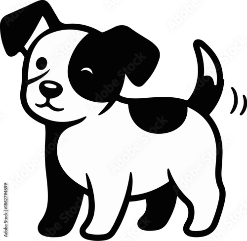 A cheerful cartoon puppy, black and white, with one eye closed and tail wagging