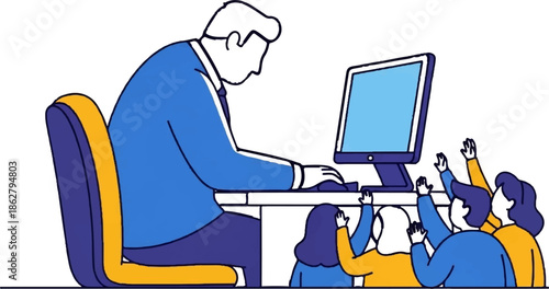 A man works at a computer, while a group of people raise their hands in excitement behind him