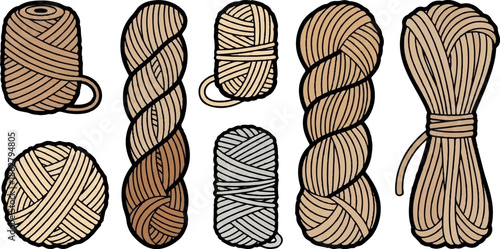 A collection of stylized illustrations depicting different forms of yarn, thread, or rope bundles and spools