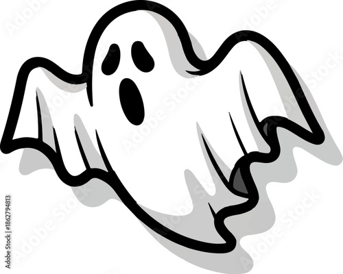 A cartoon ghost with wide eyes and an open mouth floats, surrounded by a gray shadow