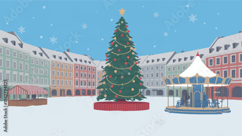 Charming Winter Holiday Scene in a European Town Square with a Decorated Christmas Tree, Carousel, and Market Stalls Under Falling Snow