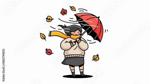 A cartoon girl with a scarf and umbrella holds on tight as autumn leaves blow around her