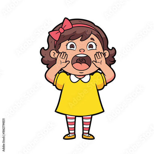Excited Cartoon Girl Yelling with Hands Cupped Around Mouth, Wearing Yellow Dress and Striped Socks