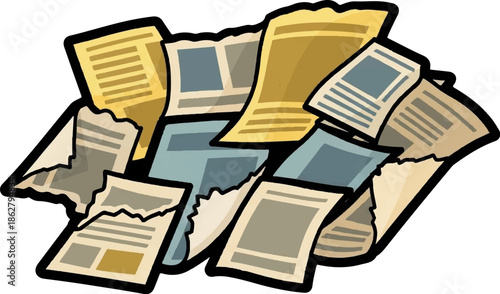 A messy pile of assorted papers, some torn, with visible text lines and colored blocks