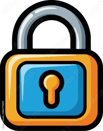 A cartoon-style padlock icon with an orange body, blue face, gold keyhole, and silver shackle