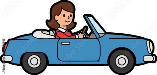 A cheerful cartoon woman with brown hair drives a blue convertible car against a white background