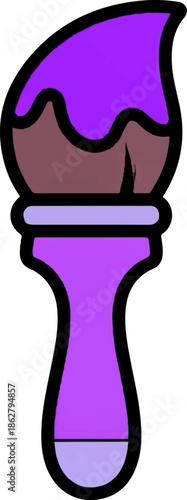 A cartoon-style paintbrush with brown bristles dipped in vibrant purple paint, and a purple handle