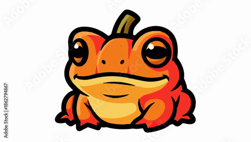 A cartoon frog with pumpkin features, including a stem on its head