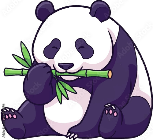 A cartoon panda sits happily, munching on a stalk of bamboo