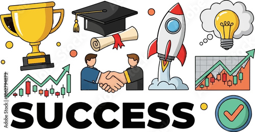 A collection of symbols representing achievement and growth, including a trophy, graduation cap, rocket, and stock chart