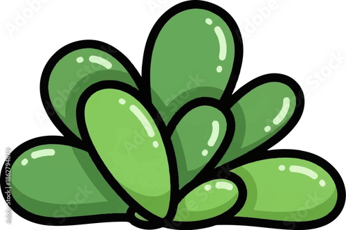 A cheerful, cartoonish illustration of a vibrant green succulent plant with shiny rounded leaves