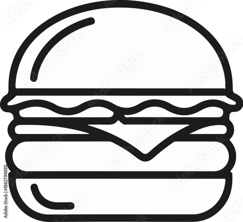 A minimalist black and white line drawing of a double-patty cheeseburger