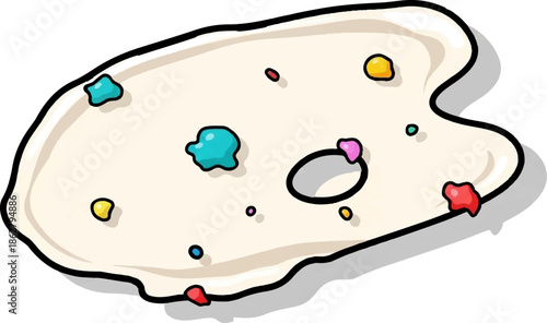 A cartoon-style painter's palette with various colorful paint dabs and a thumbhole on a white background