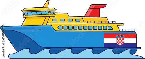 A cartoon-style passenger ferry boat, blue and yellow, with a red stack, riding on blue waves