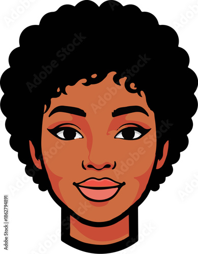 A friendly cartoon headshot of a smiling woman with dark skin and a voluminous Afro hairstyle