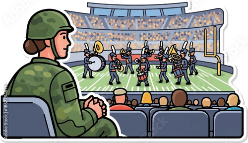 A military person watches a marching band perform on a football field in a stadium full of spectators