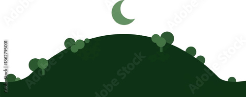 A minimalist illustration of a green hill under a crescent moon with scattered trees