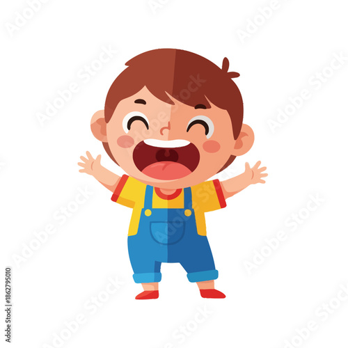 Happy Cartoon Boy Laughing Joyfully with Open Arms Isolated on White Background