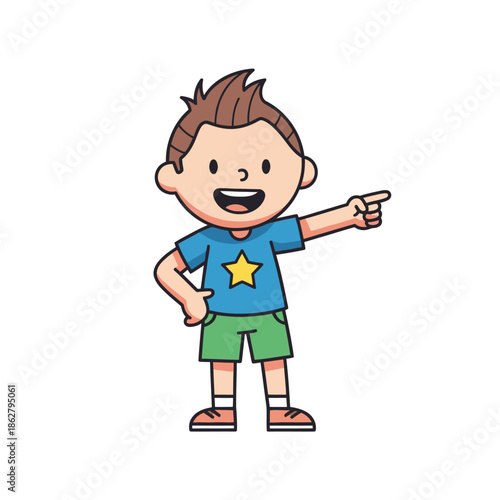 Happy Cartoon Boy Pointing Finger Right Direction, Cheerful Child Character