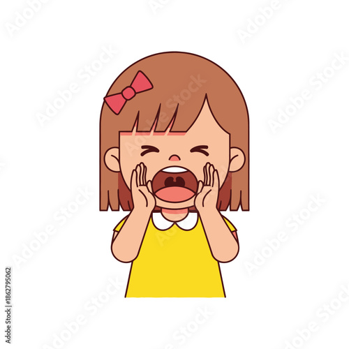 Excited little girl shouting and yelling with joy, wearing a yellow dress and red bow.