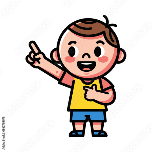 Happy Cartoon Boy Pointing Up and Forward