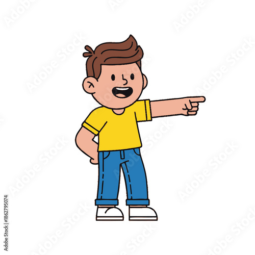 Excited cartoon boy pointing to the right, wearing yellow t-shirt and blue jeans, isolated on white background