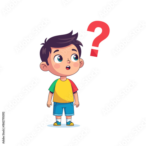 Curious Boy With Question Mark, Child Wondering, Thinking, Confusion, Cartoon Character