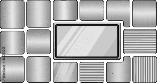 A collection of various metallic-looking rectangular and square shapes with rounded corners and brushed textures