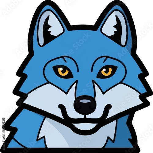 A friendly, stylized cartoon illustration of a blue wolf's head with yellow eyes and a slight smile