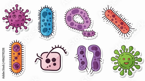 A collection of whimsical, cartoon-like microscopic organisms in various shapes and bright colors