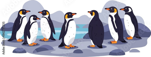 A colony of cartoon penguins stands on rocky terrain with icy water in the background