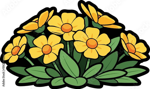 A cheerful digital illustration featuring a cluster of bright yellow flowers with orange centers and green leaves