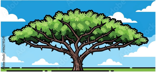 A cartoon-style thorny tree with lush green leaves stands against a bright blue sky and clouds