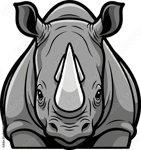 A front-facing, grayscale cartoon illustration of a rhinoceros's head and shoulders, featuring its prominent horn