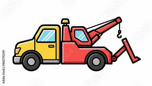 A cartoon-style tow truck with a yellow cab and red crane/hoist, outlined in black on a white background