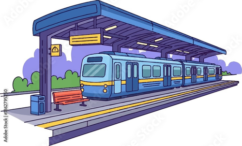 A cartoon-style train waits at a covered station platform with a bench and trash can