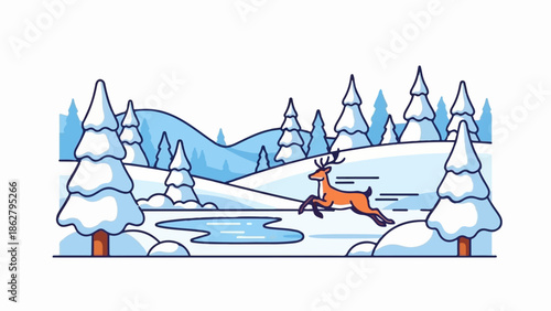 A deer gracefully leaps across a snowy landscape dotted with evergreen trees