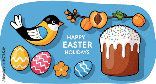 A cheerful Easter greeting featuring a bird, decorated eggs, fruit, and cake