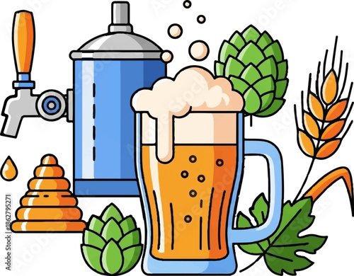 A frothy beer mug, tap, hops, and wheat stalks, all depicted in a colorful, graphic style