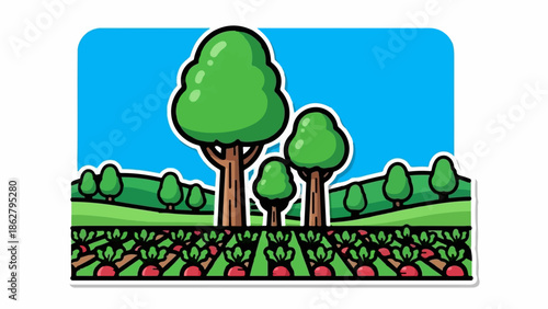 A cartoon farm with rolling hills, trees, and a field of red root vegetables under a blue sky