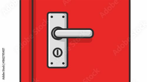 A modern silver doorknob with a keyhole is mounted on a vibrant red door