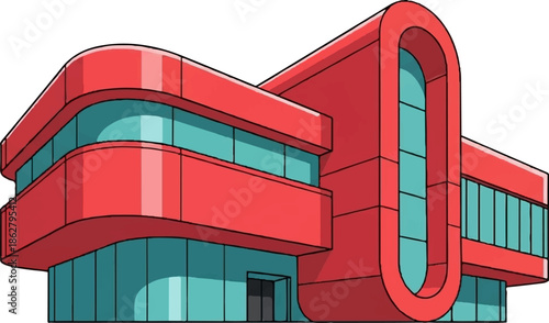 A modern, red building with large, teal-tinted windows and a bold, rounded design