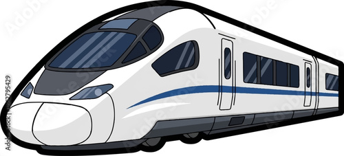 A modern, stylized illustration of a high-speed train with sleek lines and blue accents